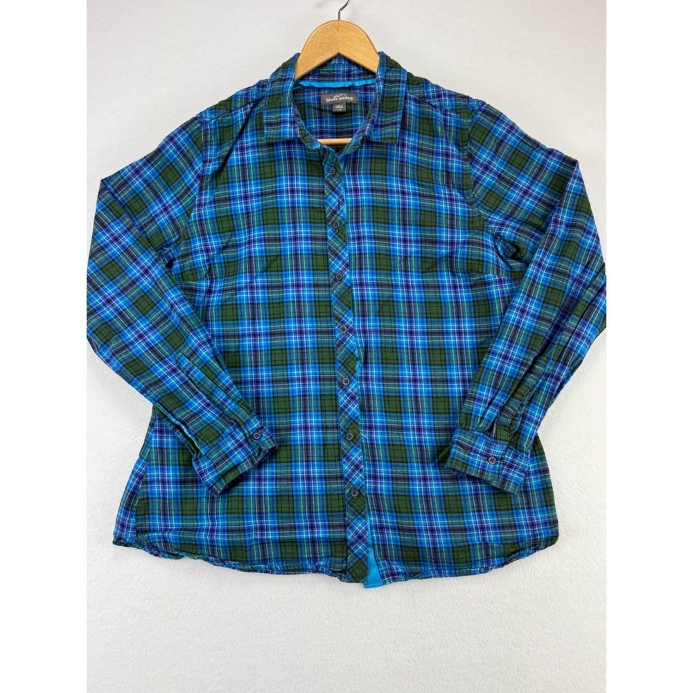 Eddie Bauer Plaid Flannel Shirt Womens Large Blue Green Long Sleeve Button Down